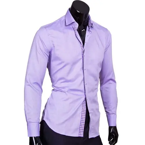 Сиреневая приталенная мужская рубашка с длинным рукавом