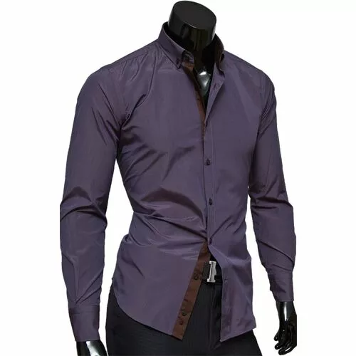 Темно фиолетовая приталенная рубашка в мелкую клетку фото