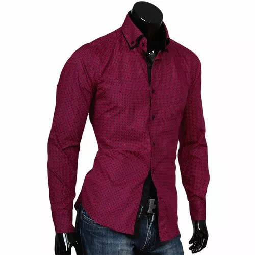 Бордовая приталенная мужская рубашка с двойным воротником фото