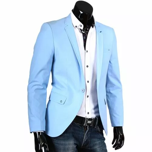 Яркий голубой приталенный мужской пиджак под джинсы фото