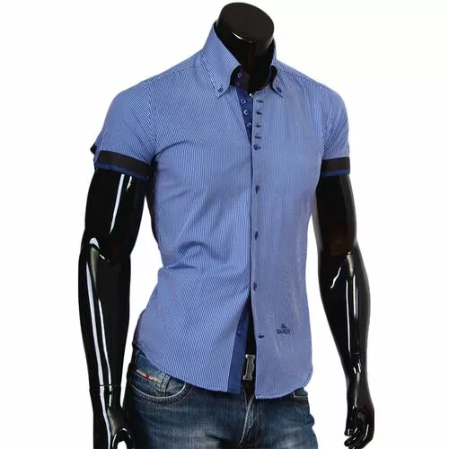 Синяя мужская рубашка с коротким рукавом в тонкую полоску фото