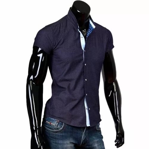 Темно синяя рубашка с воротником стойка и коротким рукавом фото