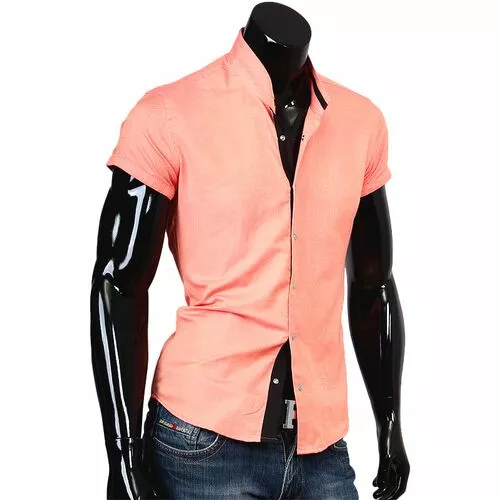 Оранжевая рубашка с коротким рукавом и воротником стойка фото