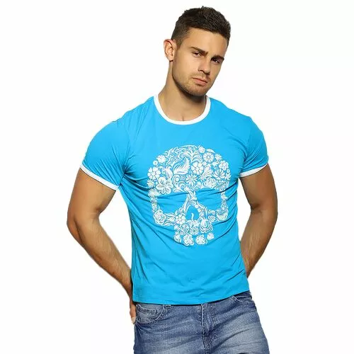 Яркая мужская футболка бирюзового цвета (Мексиканский череп)