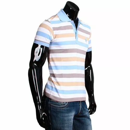 Модная приталенная мужская рубашка поло голубого цвета в разноцветных полосках