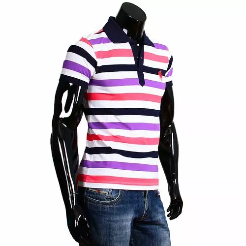 Стильная приталенная мужская рубашка поло в разноцветных полосках