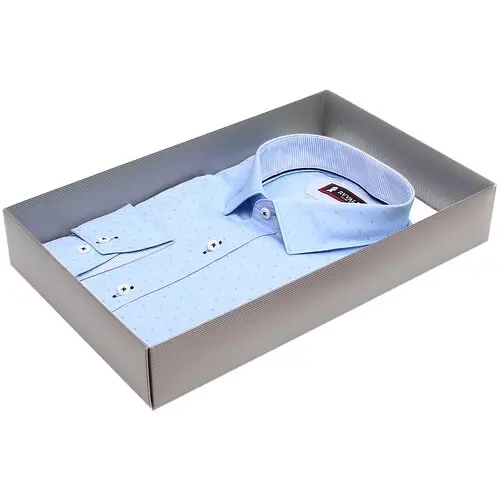 Стильная приталенная рубашка голубого цвета в горошек