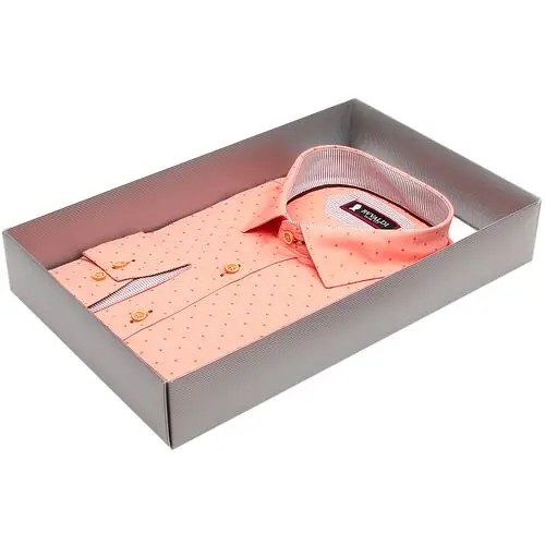 Мягкая приталенная рубашка оранжевого цвета в горошек