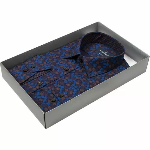 Темно-синяя приталенная рубашка в цветочек
