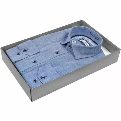 Синяя приталенная рубашка из натуральной хлопковой ткани с добавлением льна