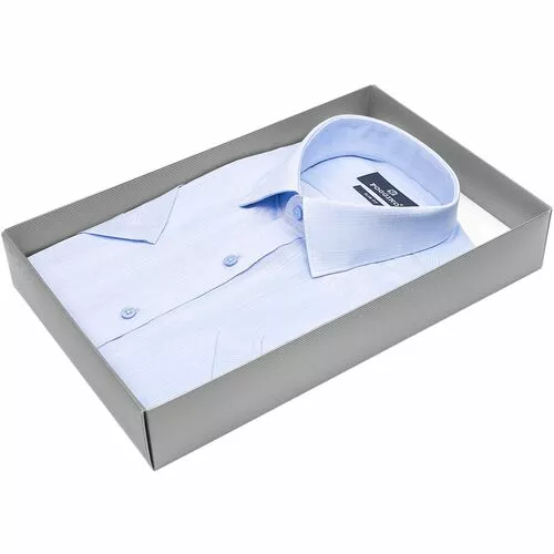 Голубая приталенная мужская рубашка 7001-25 в полоску с коротким рукавом