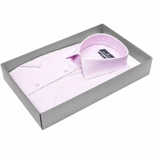 Розовая приталенная рубашка в полоску с коротким рукавом