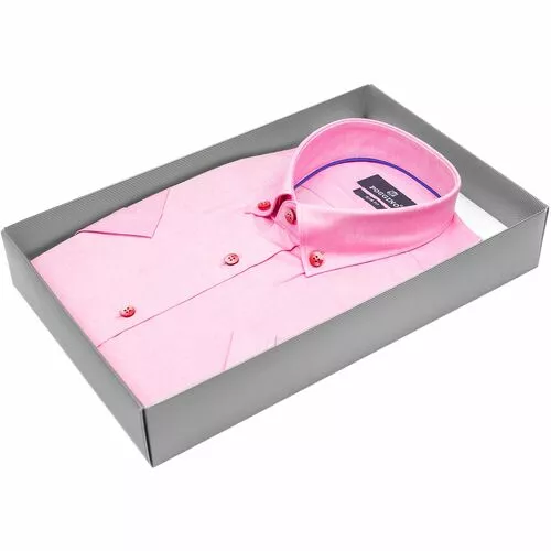 Розовая приталенная рубашка с коротким рукавом