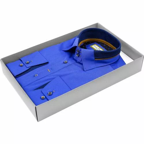 Синяя мужская рубашка  с высоким комбинированным воротником