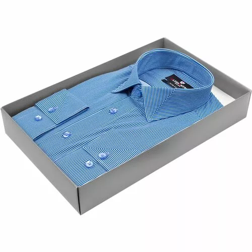 Синяя приталенная рубашка в полоску с длинными рукавами