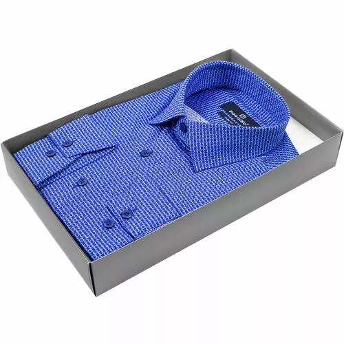 Синяя приталенная мужская рубашка в узорах с длинным рукавом