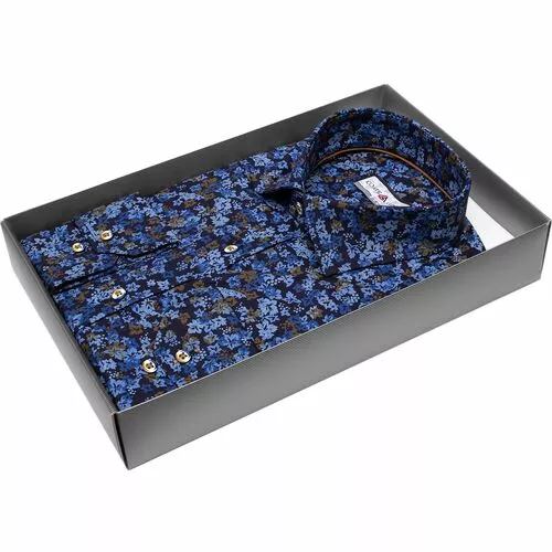 Темно-синяя приталенная рубашка в листьях с длинными рукавами