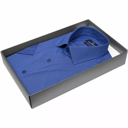 Синяя приталенная рубашка с коротким рукавом