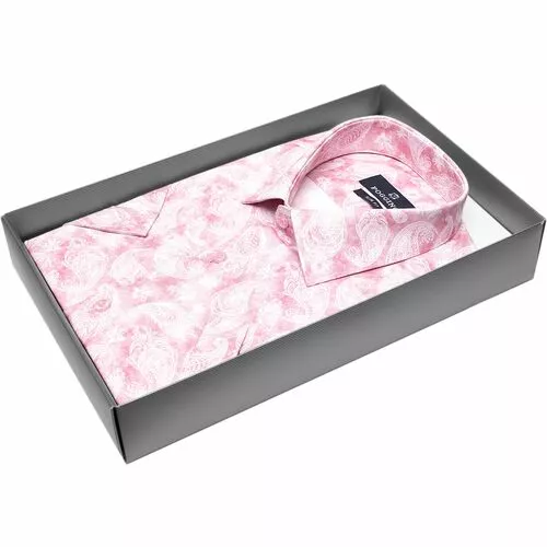 Розовая приталенная рубашка в огурцах с коротким рукавом