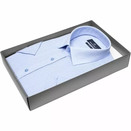 Голубая приталенная рубашка в полоску с коротким рукавом