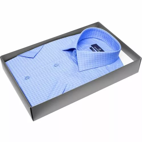 Синяя приталенная рубашка в узорах с коротким рукавом