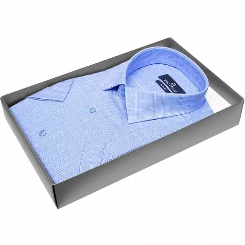 Синяя приталенная рубашка в клетку с коротким рукавом