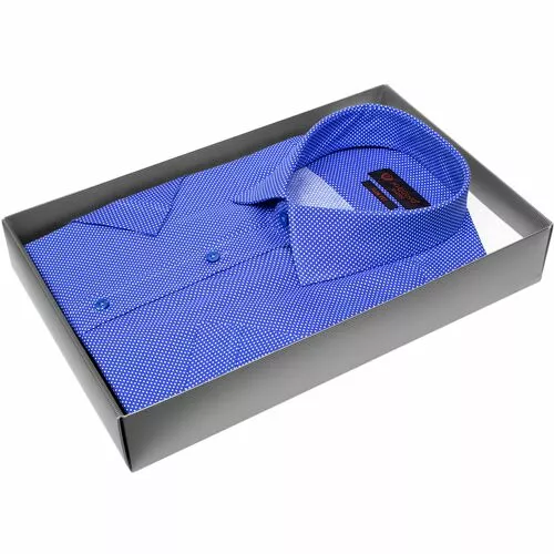 Синяя приталенная рубашка в горошек с коротким рукавом