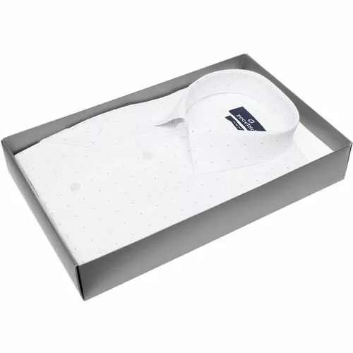Белая приталенная рубашка в горошек с коротким рукавом