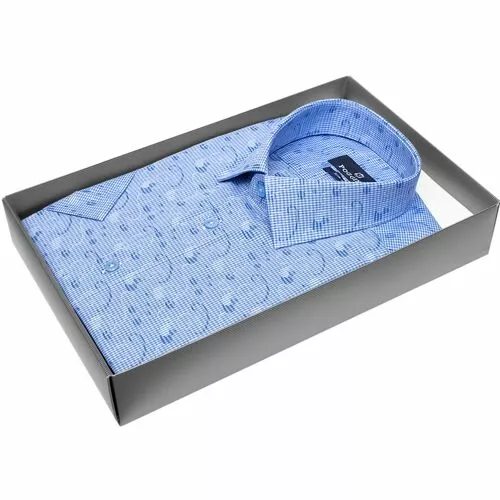Синяя приталенная рубашка в клетку с коротким рукавом