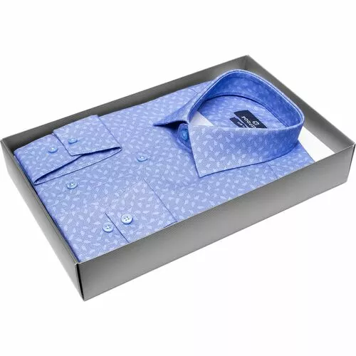 Синяя приталенная рубашка в узорах с длинным рукавом