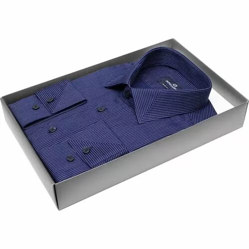 Темно-синяя приталенная рубашка в полоску с длинными рукавами
