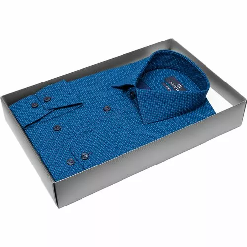 Бирюзово-синяя приталенная рубашка в клетку с длинными рукавами