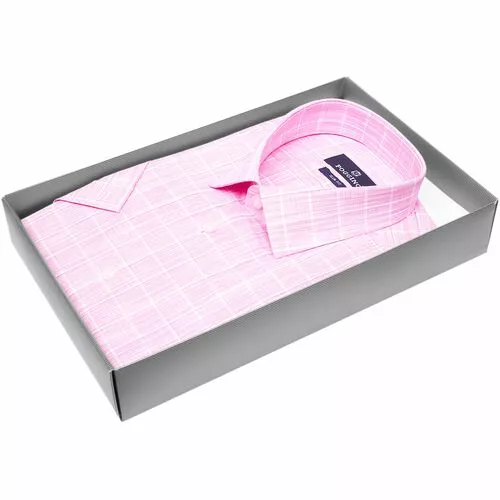 Розовая приталенная рубашка в клетку с коротким рукавом