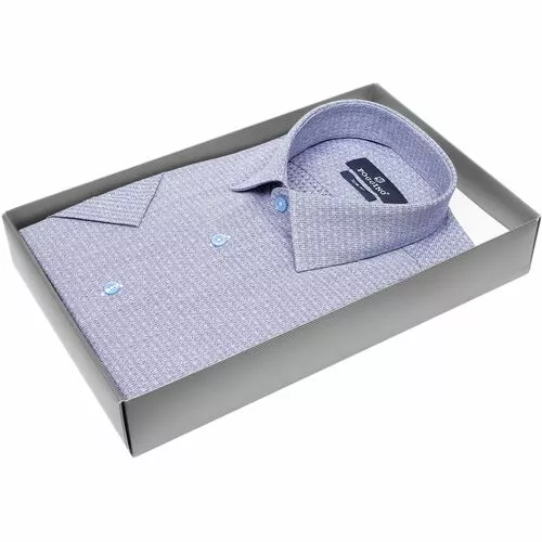 Светло-синяя приталенная рубашка меланж с короткими рукавами