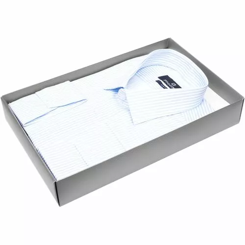 Голубая приталенная рубашка в полоску с длинными рукавами