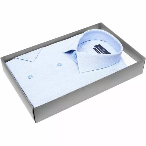 Голубая приталенная рубашка меланж с коротким рукавом