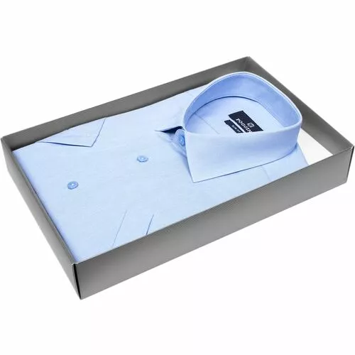 Голубая приталенная рубашка с коротким рукавом