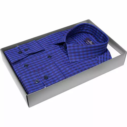 Темно-синяя приталенная рубашка в клетку с длинными рукавами