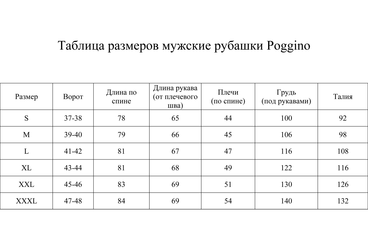 Таблица размеров Poggino