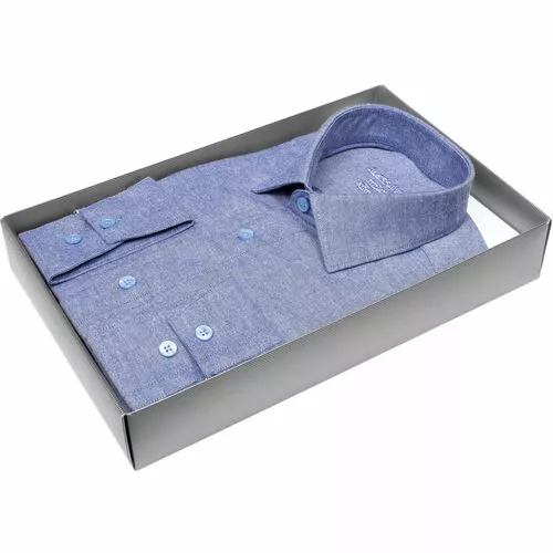 Байковая синяя приталенная рубашка меланж с длинными рукавами