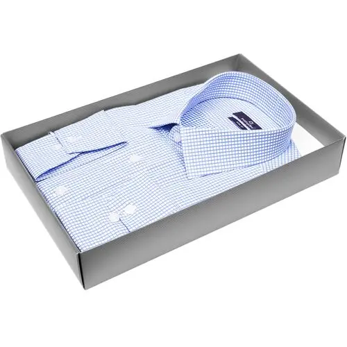 Голубая мужская рубашка в клетку с длинными рукавами