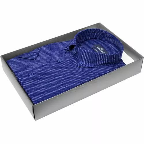 Синяя приталенная рубашка в отрезках с короткими рукавами
