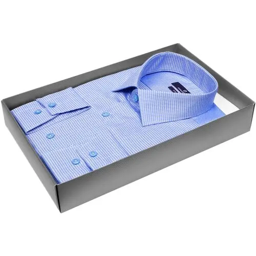 Синяя приталенная мужская рубашка в клетку с длинными рукавами