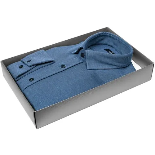Синяя трикотажная приталенная мужская рубашка с длинными рукавами