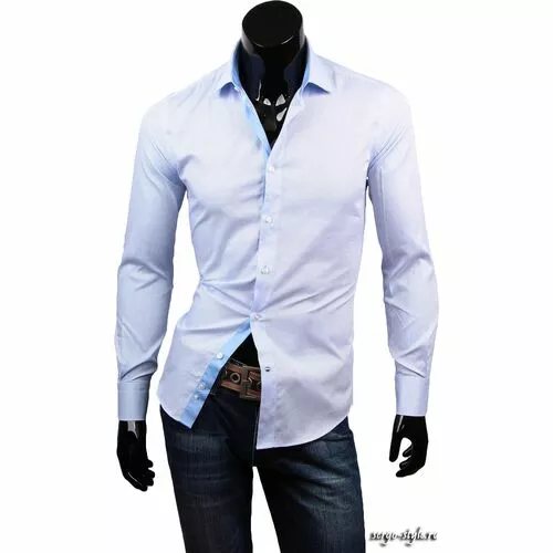 Стильная голубая приталенная мужская рубашка с длинным рукавом