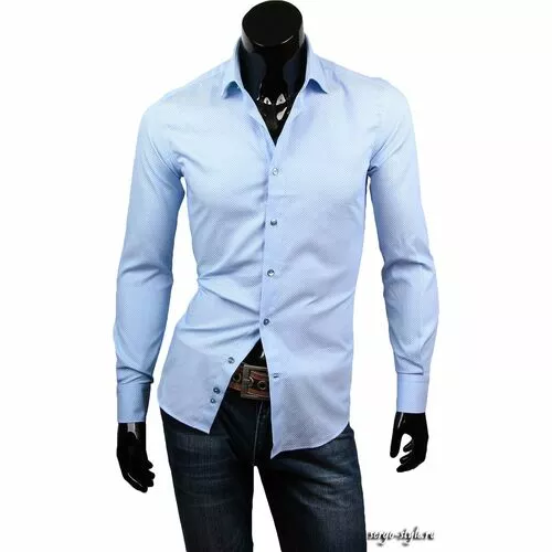 Стильная приталенная мужская рубашка голубого цвета