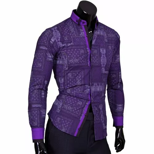 Рубашка приталенная фиолетового цвета в восточных огурцах
