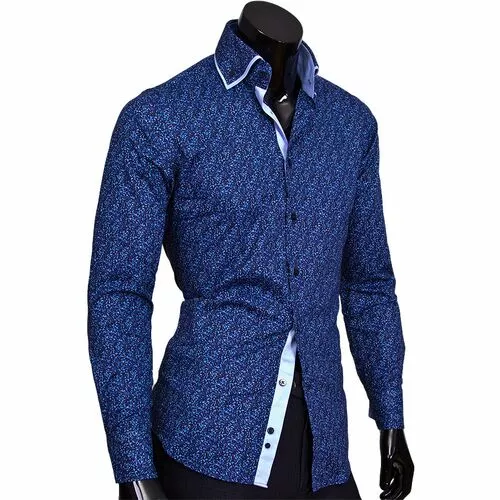 Синяя приталенная рубашка с двойным воротником