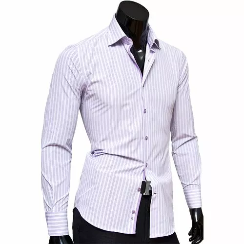 Белая приталенная мужская рубашка в сиреневую полоску