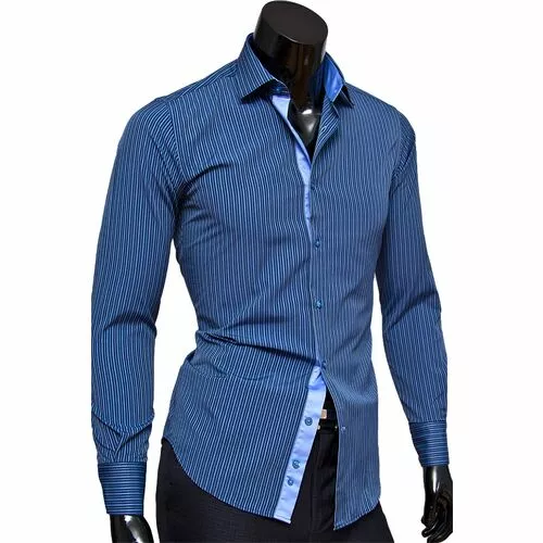Синяя мужская сорочка в полоску с длинным рукавом